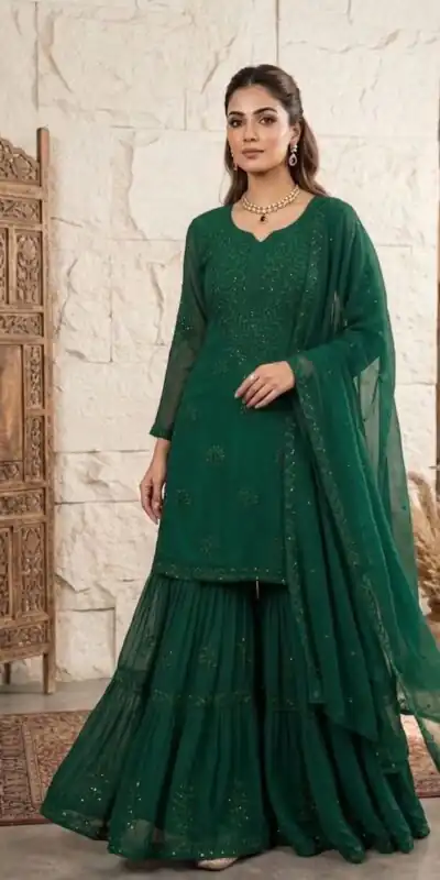 BE 456 Green Georgette Gown Perfect for Wedding, Party, Makar Sankranti, Karwa Chauth, Ethnic Day – . Now at just ₹2049. Delivery 4-6 Working D | Jump Suits, Straight Suits, Casual Suits, Creative suits, Designer Suits, Palazzo Suits, Party Wear Suits, Patiala Suits, Salwar suit