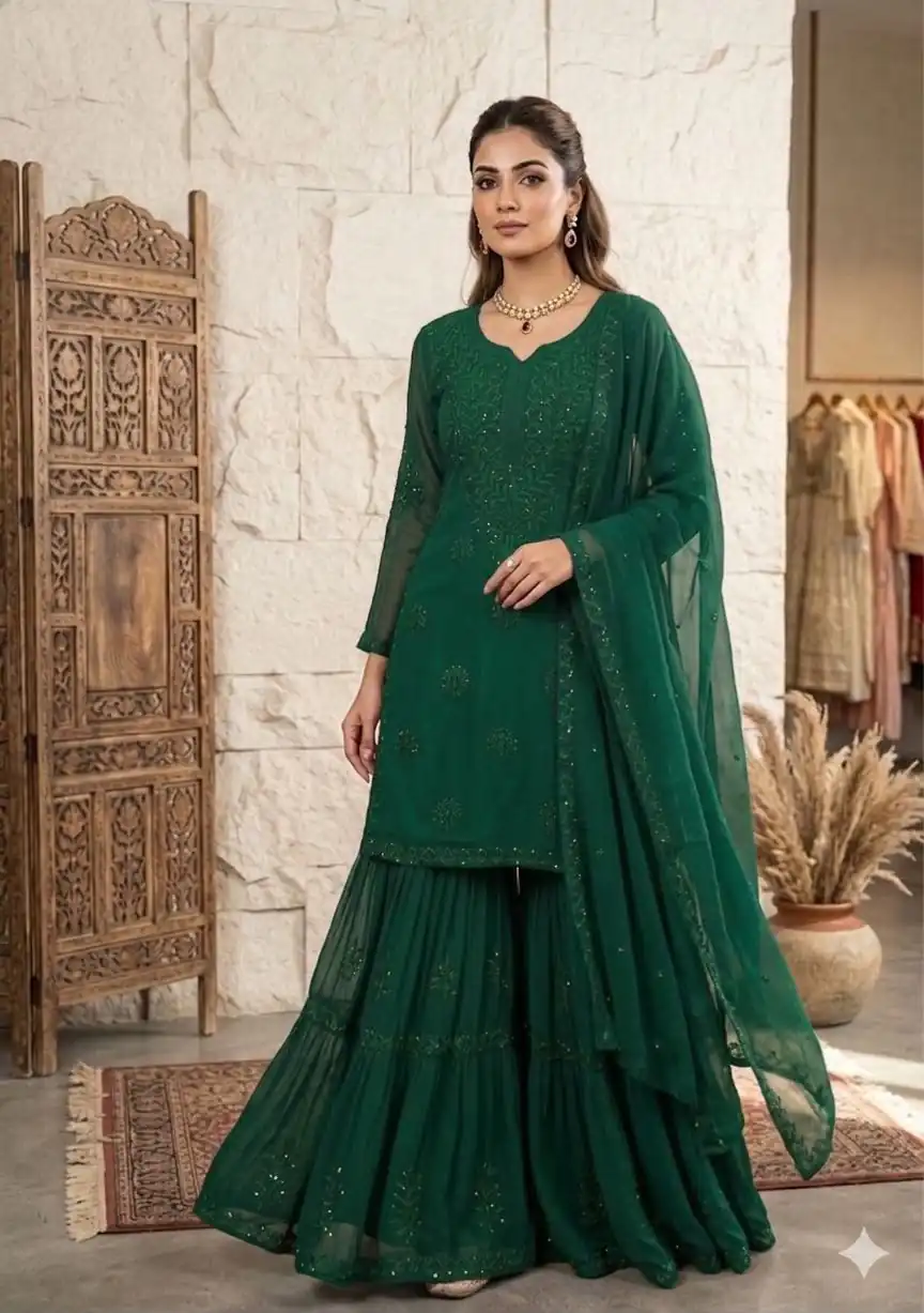 BE 456 Green Georgette Gown Perfect for Wedding, Party, Makar Sankranti, Karwa Chauth, Ethnic Day – . Now at just ₹2049. Delivery 4-6 Working D | Jump Suits, Straight Suits, Casual Suits, Creative suits, Designer Suits, Palazzo Suits, Party Wear Suits, Patiala Suits, Salwar suit