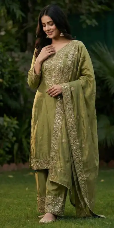 JF 040 Mehandi Fendy Silk Salwar Suitwith Embroidery Work & Lace Work. Now at just ₹2049. Delivery 4-6 Working Days. Shop now. | Jump Suits, Straight Suits, Casual Suits, Creative suits, Designer Suits, Palazzo Suits, Party Wear Suits, Patiala Suits, Salwar suit