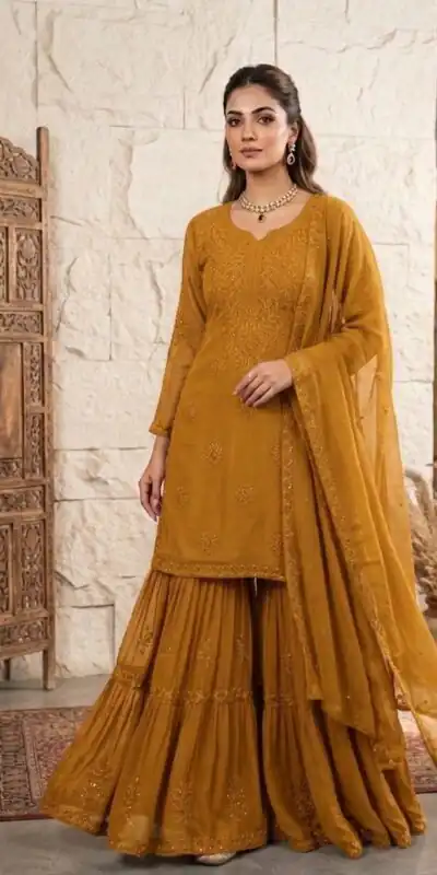 BE 456 Mustered Georgette Gown Perfect for Wedding, Party, Makar Sankranti, Karwa Chauth, Ethnic Day – . Now at just ₹2049. Delivery 4-6 Working D | Jump Suits, Straight Suits, Casual Suits, Creative suits, Designer Suits, Palazzo Suits, Party Wear Suits, Patiala Suits, Salwar suit