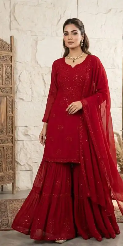 BE 456 Red Georgette Gown Perfect for Wedding, Party, Makar Sankranti, Karwa Chauth, Ethnic Day – . Now at just ₹2049. Delivery 4-6 Working D | Jump Suits, Straight Suits, Casual Suits, Creative suits, Designer Suits, Palazzo Suits, Party Wear Suits, Patiala Suits, Salwar suit