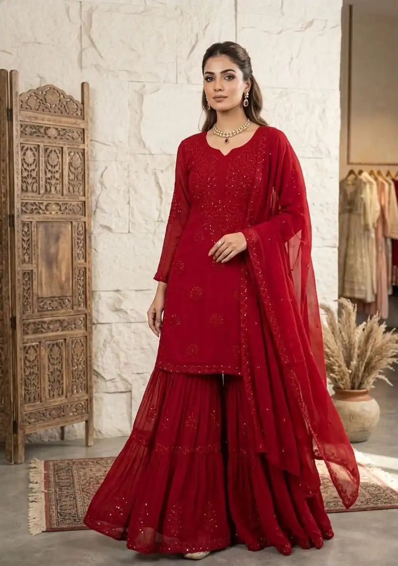 BE 456 Red Georgette Gown Perfect for Wedding, Party, Makar Sankranti, Karwa Chauth, Ethnic Day – . Now at just ₹2049. Delivery 4-6 Working D | Jump Suits, Straight Suits, Casual Suits, Creative suits, Designer Suits, Palazzo Suits, Party Wear Suits, Patiala Suits, Salwar suit