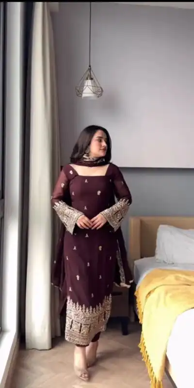 KD 1548 | Brown Faux Georgette Salwar Suit with Lace Work & Lace Border. Festive Deal ₹2049. Delivery 4-6 Working Days. Shop now. | Jump Suits, Straight Suits, Casual Suits, Creative suits, Designer Suits, Palazzo Suits, Party Wear Suits, Patiala Suits, Salwar suit