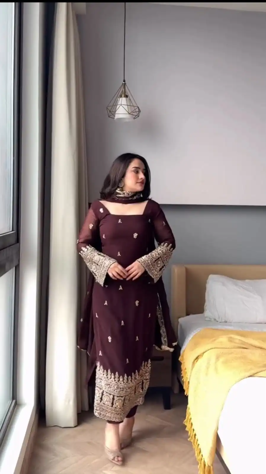 KD 1548 | Brown Faux Georgette Salwar Suit with Lace Work & Lace Border. Festive Deal ₹2049. Delivery 4-6 Working Days. Shop now. | Jump Suits, Straight Suits, Casual Suits, Creative suits, Designer Suits, Palazzo Suits, Party Wear Suits, Patiala Suits, Salwar suit