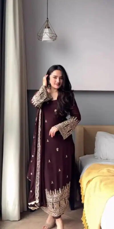 KD 1548 | Brown Faux Georgette Salwar Suit with Lace Work & Lace Border. Festive Deal ₹2049. Delivery 4-6 Working Days. Shop now. | Jump Suits, Straight Suits, Casual Suits, Creative suits, Designer Suits, Palazzo Suits, Party Wear Suits, Patiala Suits, Salwar suit