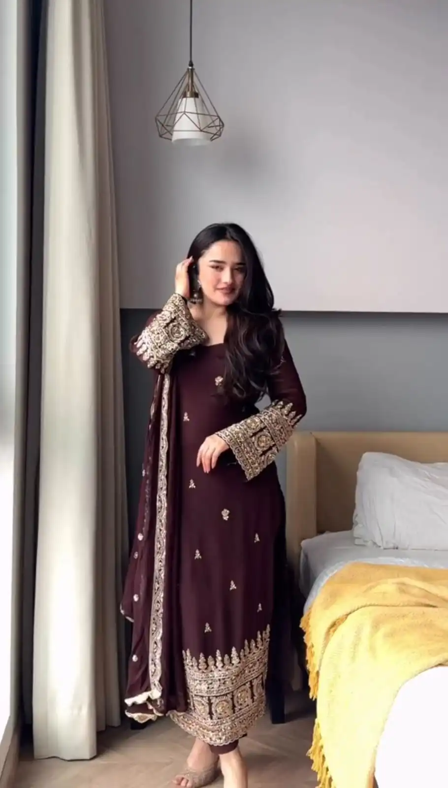 KD 1548 | Brown Faux Georgette Salwar Suit with Lace Work & Lace Border. Festive Deal ₹2049. Delivery 4-6 Working Days. Shop now. | Jump Suits, Straight Suits, Casual Suits, Creative suits, Designer Suits, Palazzo Suits, Party Wear Suits, Patiala Suits, Salwar suit