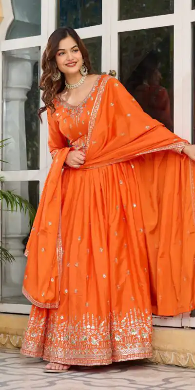 SP 12 Orange in American Silk Sequins Work & Thread Embroidery Gown . Introductory Price ₹2399. Delivery 4-6 Working Days. Shop now. | Bollywood Gowns, Creative Gowns, Designer Gowns, Embroidered Gowns, Gowns, Party Wear Gowns