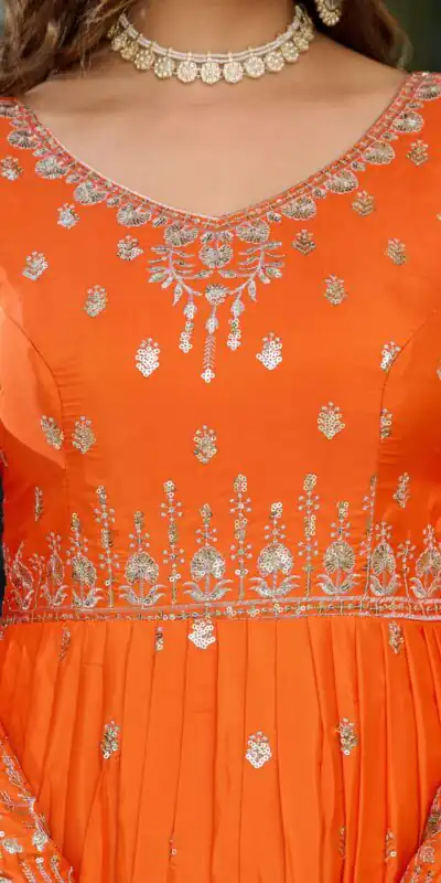 SP 12 Orange in American Silk Sequins Work & Thread Embroidery Gown . Introductory Price ₹2399. Delivery 4-6 Working Days. Shop now. | Bollywood Gowns, Creative Gowns, Designer Gowns, Embroidered Gowns, Gowns, Party Wear Gowns