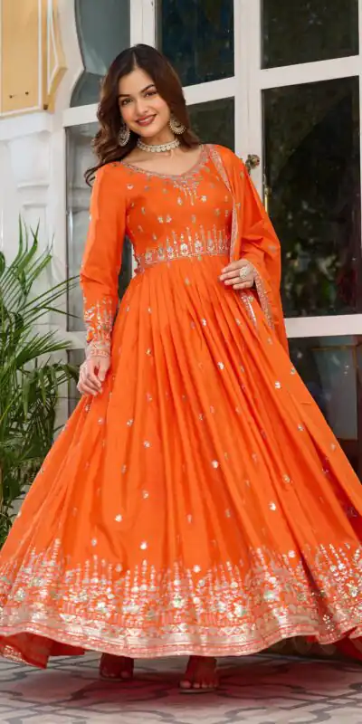 SP 12 Orange in American Silk Sequins Work & Thread Embroidery Gown . Introductory Price ₹2399. Delivery 4-6 Working Days. Shop now. | Bollywood Gowns, Creative Gowns, Designer Gowns, Embroidered Gowns, Gowns, Party Wear Gowns