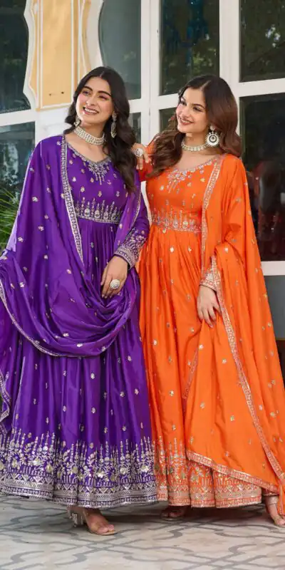 SP 12 Orange in American Silk Sequins Work & Thread Embroidery Gown . Introductory Price ₹2399. Delivery 4-6 Working Days. Shop now. | Bollywood Gowns, Creative Gowns, Designer Gowns, Embroidered Gowns, Gowns, Party Wear Gowns