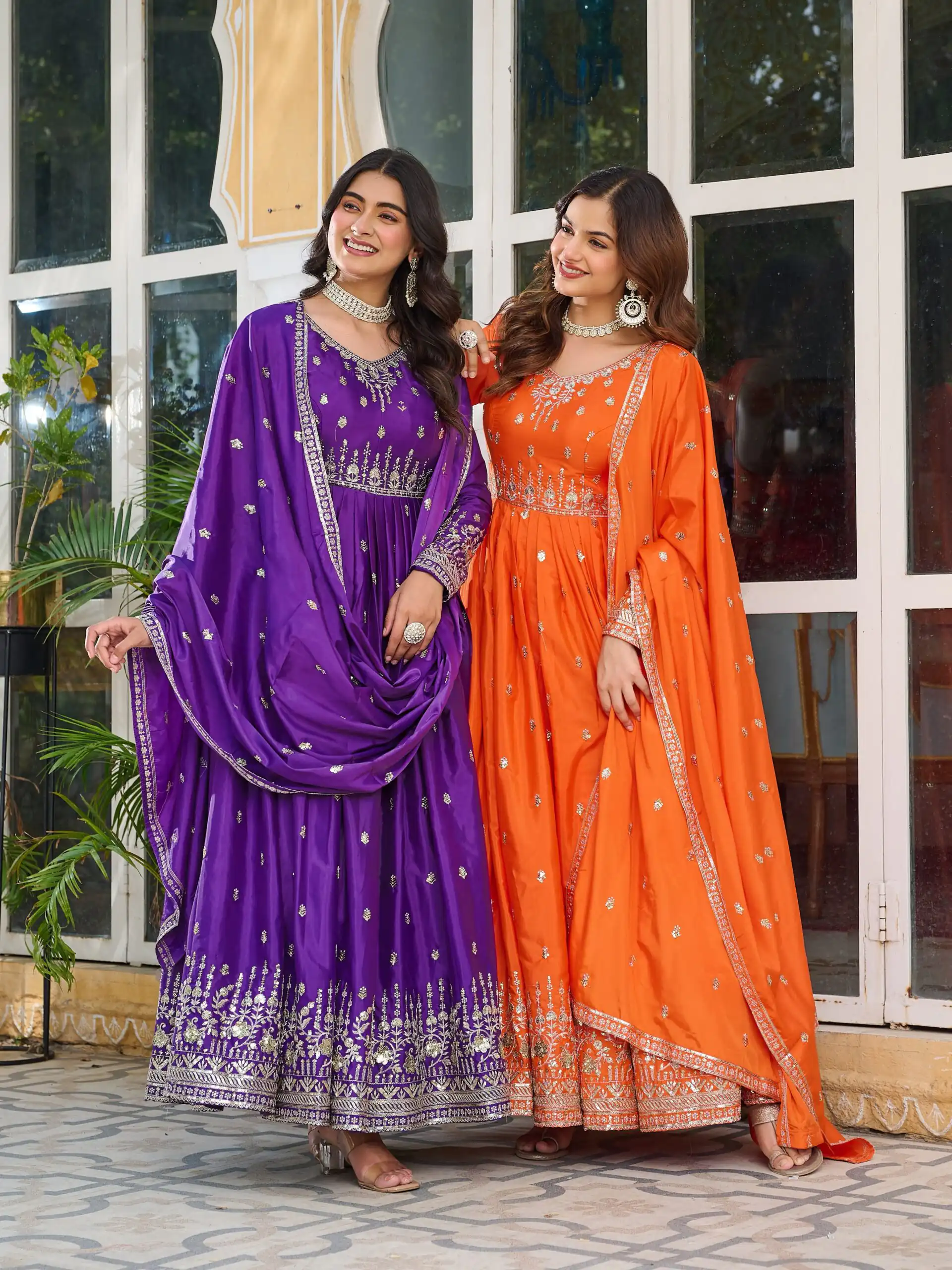 SP 12 Orange in American Silk Sequins Work & Thread Embroidery Gown . Introductory Price ₹2399. Delivery 4-6 Working Days. Shop now. | Bollywood Gowns, Creative Gowns, Designer Gowns, Embroidered Gowns, Gowns, Party Wear Gowns
