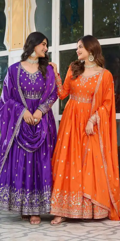 SP 12 Purple in American Silk Sequins Work & Thread Embroidery Gown . Introductory Price ₹2399. Delivery 4-6 Working Days. Shop now. | Bollywood Gowns, Creative Gowns, Designer Gowns, Embroidered Gowns, Gowns, Party Wear Gowns