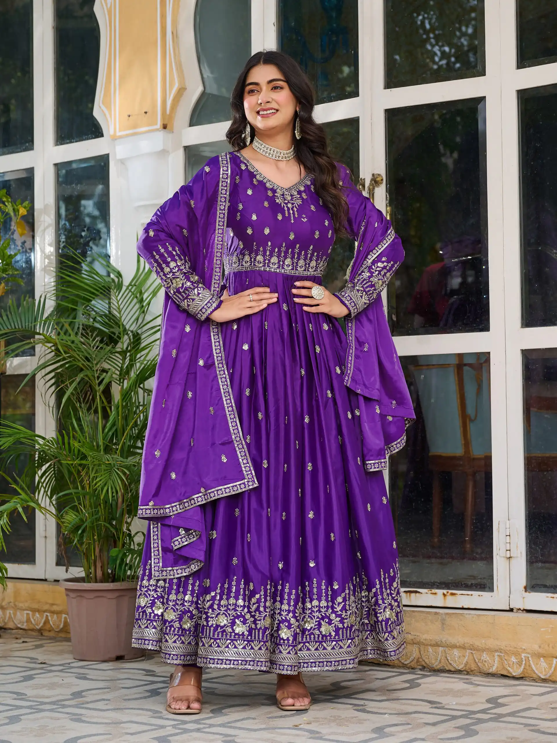 SP 12 Purple in American Silk Sequins Work & Thread Embroidery Gown . Introductory Price ₹2399. Delivery 4-6 Working Days. Shop now. | Bollywood Gowns, Creative Gowns, Designer Gowns, Embroidered Gowns, Gowns, Party Wear Gowns