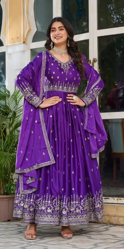 SP 12 Purple in American Silk Sequins Work & Thread Embroidery Gown . Introductory Price ₹2399. Delivery 4-6 Working Days. Shop now. | Bollywood Gowns, Creative Gowns, Designer Gowns, Embroidered Gowns, Gowns, Party Wear Gowns
