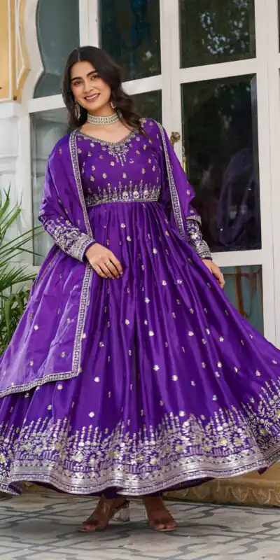 SP 12 Purple in American Silk Sequins Work & Thread Embroidery Gown . Introductory Price ₹2399. Delivery 4-6 Working Days. Shop now. | Bollywood Gowns, Creative Gowns, Designer Gowns, Embroidered Gowns, Gowns, Party Wear Gowns