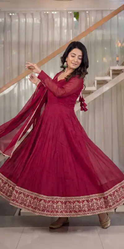 ND 5069 Red | Red Crunchy Silk Salwar Suit with Embroidery Work & Sequins Work. Festive Deal ₹2149. Delivery 4-6 Working Days. Shop now. | Anarkali Suits, Bollywood Anarkali, Creative-Anarkali, Designer Anarkali, Embroidered Anarkali, Party Wear Anarkali