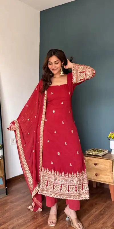 KD 1548 Red | Red Faux Georgette Salwar Suit with Lace Work & Lace Border. Festive Deal ₹2049. Delivery 4-6 Working Days. Shop now. | Jump Suits, Straight Suits, Casual Suits, Creative suits, Designer Suits, Palazzo Suits, Party Wear Suits, Patiala Suits, Salwar suit