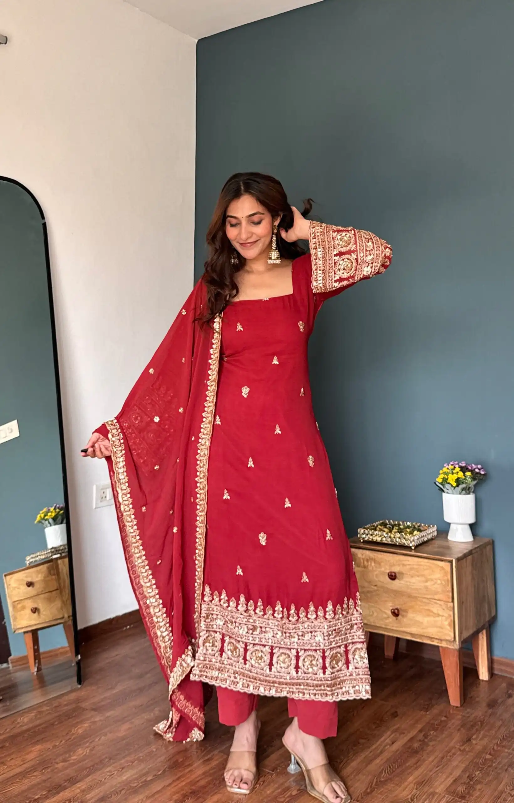 KD 1548 Red | Red Faux Georgette Salwar Suit with Lace Work & Lace Border. Festive Deal ₹2049. Delivery 4-6 Working Days. Shop now. | Jump Suits, Straight Suits, Casual Suits, Creative suits, Designer Suits, Palazzo Suits, Party Wear Suits, Patiala Suits, Salwar suit