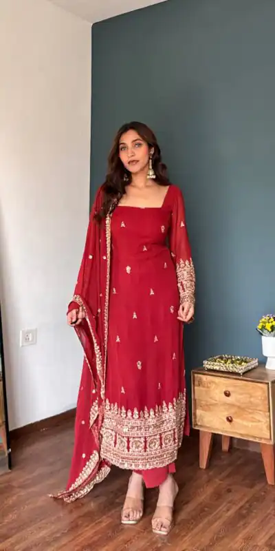 KD 1548 Red | Red Faux Georgette Salwar Suit with Lace Work & Lace Border. Festive Deal ₹2049. Delivery 4-6 Working Days. Shop now. | Jump Suits, Straight Suits, Casual Suits, Creative suits, Designer Suits, Palazzo Suits, Party Wear Suits, Patiala Suits, Salwar suit