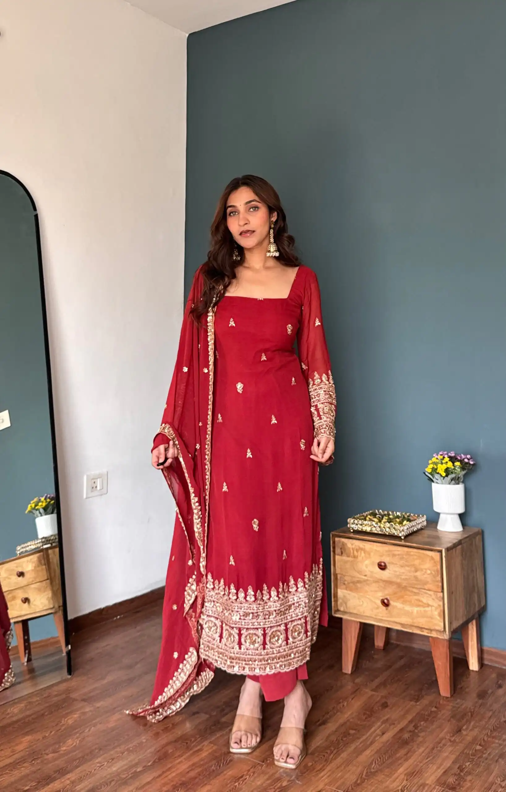 KD 1548 Red | Red Faux Georgette Salwar Suit with Lace Work & Lace Border. Festive Deal ₹2049. Delivery 4-6 Working Days. Shop now. | Jump Suits, Straight Suits, Casual Suits, Creative suits, Designer Suits, Palazzo Suits, Party Wear Suits, Patiala Suits, Salwar suit