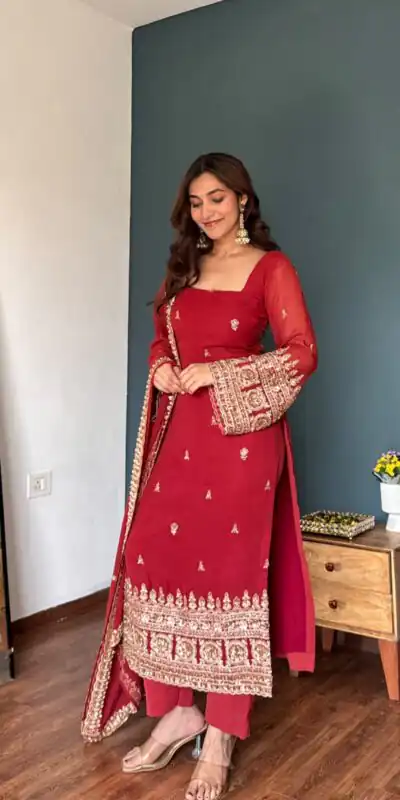 KD 1548 Red | Red Faux Georgette Salwar Suit with Lace Work & Lace Border. Festive Deal ₹2049. Delivery 4-6 Working Days. Shop now. | Jump Suits, Straight Suits, Casual Suits, Creative suits, Designer Suits, Palazzo Suits, Party Wear Suits, Patiala Suits, Salwar suit