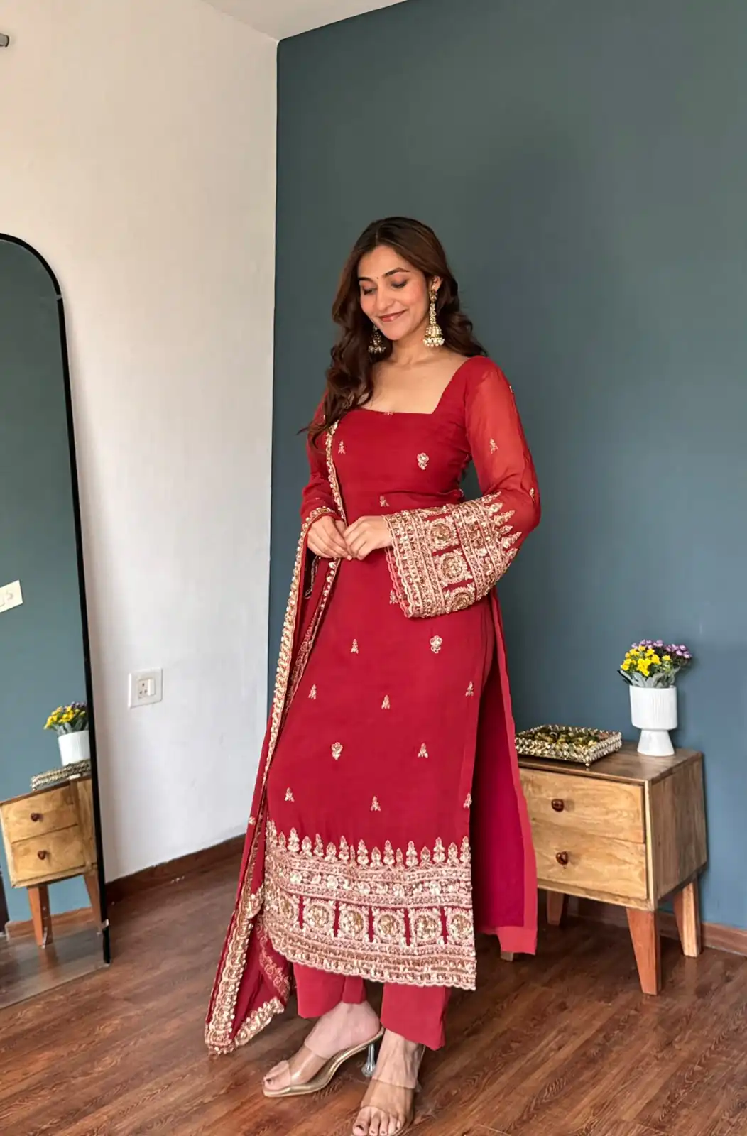 KD 1548 Red | Red Faux Georgette Salwar Suit with Lace Work & Lace Border. Festive Deal ₹2049. Delivery 4-6 Working Days. Shop now. | Jump Suits, Straight Suits, Casual Suits, Creative suits, Designer Suits, Palazzo Suits, Party Wear Suits, Patiala Suits, Salwar suit