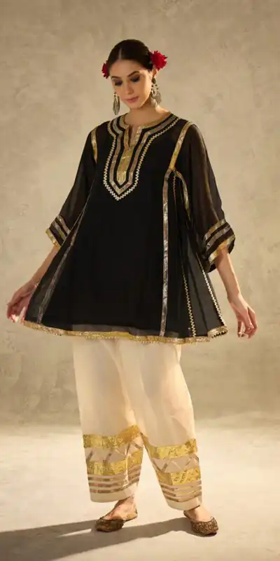 ST 1169 Black Black Chinon Salwar Suit with Gotta Patti Work. Available at ₹1849 only. Delivery 4-6 Working Days. Shop now. | Jump Suits, Straight Suits, Casual Suits, Creative suits, Designer Suits, Palazzo Suits, Party Wear Suits, Patiala Suits, Salwar suit