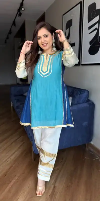 ST 1169 Blue Color Chinon Salwar Suit with Gotta Patti Work. Available at ₹1849 only. Delivery 4-6 Working Days. Shop now. | Jump Suits, Straight Suits, Casual Suits, Creative suits, Designer Suits, Palazzo Suits, Party Wear Suits, Patiala Suits, Salwar suit