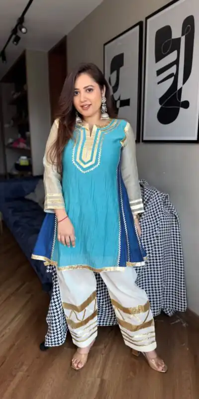 ST 1169 Blue Color Chinon Salwar Suit with Gotta Patti Work. Available at ₹1849 only. Delivery 4-6 Working Days. Shop now. | Jump Suits, Straight Suits, Casual Suits, Creative suits, Designer Suits, Palazzo Suits, Party Wear Suits, Patiala Suits, Salwar suit