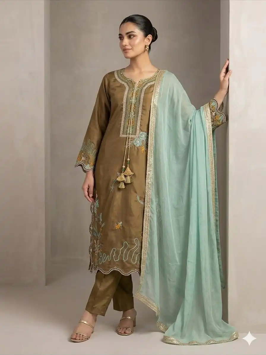 LG 2120 Brown | Brown Glass Roman Salwar Suit with Embroidery Work. Introductory Price ₹1999. Delivery 4-6 Working Days. Shop now. | Jump Suits, Straight Suits, Casual Suits, Creative suits, Designer Suits, Palazzo Suits, Party Wear Suits, Patiala Suits, Salwar suit