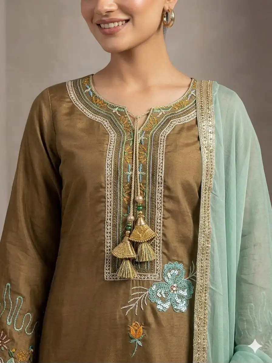 LG 2120 Brown | Brown Glass Roman Salwar Suit with Embroidery Work. Introductory Price ₹1999. Delivery 4-6 Working Days. Shop now. | Jump Suits, Straight Suits, Casual Suits, Creative suits, Designer Suits, Palazzo Suits, Party Wear Suits, Patiala Suits, Salwar suit