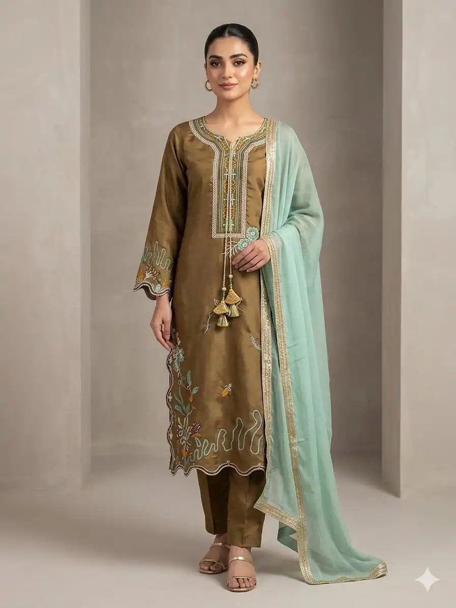 LG 2120 Brown | Brown Glass Roman Salwar Suit with Embroidery Work. Introductory Price ₹1999. Delivery 4-6 Working Days. Shop now. | Jump Suits, Straight Suits, Casual Suits, Creative suits, Designer Suits, Palazzo Suits, Party Wear Suits, Patiala Suits, Salwar suit