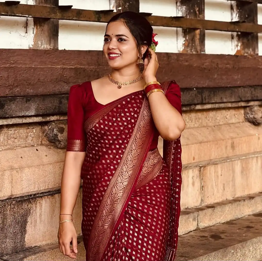 KPR 264 Maroon Soft Lichi Silk Saree with Lace Work & Lace Border. Introductory Price ₹1349. Delivery 4-6 Working Days. Shop now. | Bollywood Sarees, Creative Sarees, Designer Sarees, Embroidered Sarees, Ethnic Saree, Modern Digital sarees, Party Wear Sarees, Sarees