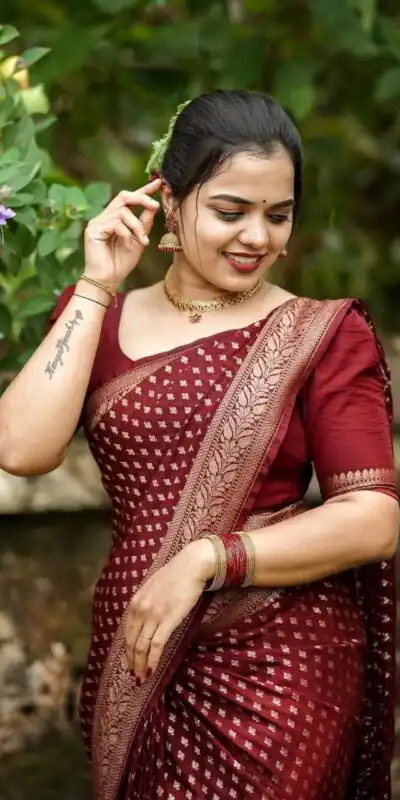 KPR 264 Maroon Soft Lichi Silk Saree with Lace Work & Lace Border. Introductory Price ₹1349. Delivery 4-6 Working Days. Shop now. | Bollywood Sarees, Creative Sarees, Designer Sarees, Embroidered Sarees, Ethnic Saree, Modern Digital sarees, Party Wear Sarees, Sarees