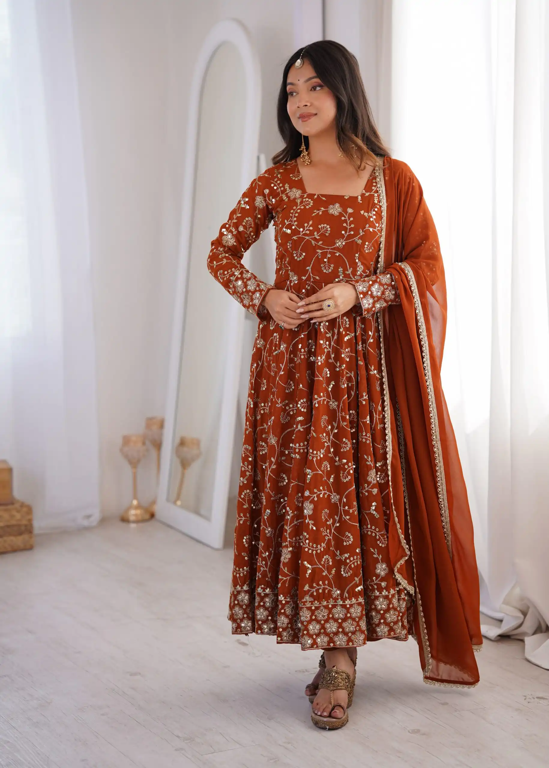 ZF 5024 Rust Fox Perfect for Wedding, Party, Durga Puja, Diwali, Anniversary –Georgette Gown. Now at just ₹2399. Delivery 4-6 Working Days. Shop now. | Bollywood Gowns, Creative Gowns, Designer Gowns, Embroidered Gowns, Gowns, Party Wear Gowns