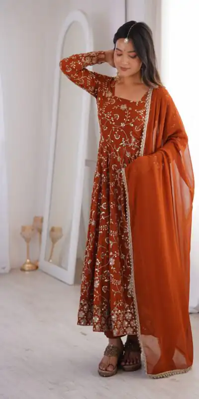 ZF 5024 Rust Fox Perfect for Wedding, Party, Durga Puja, Diwali, Anniversary –Georgette Gown. Now at just ₹2399. Delivery 4-6 Working Days. Shop now. | Bollywood Gowns, Creative Gowns, Designer Gowns, Embroidered Gowns, Gowns, Party Wear Gowns