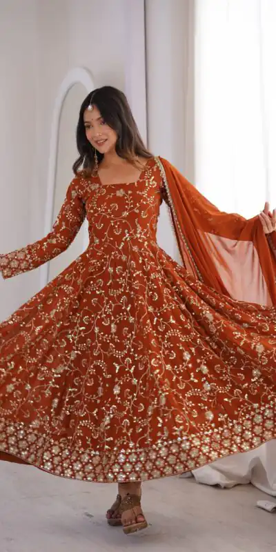 ZF 5024 Rust Fox Perfect for Wedding, Party, Durga Puja, Diwali, Anniversary –Georgette Gown. Now at just ₹2399. Delivery 4-6 Working Days. Shop now. | Bollywood Gowns, Creative Gowns, Designer Gowns, Embroidered Gowns, Gowns, Party Wear Gowns