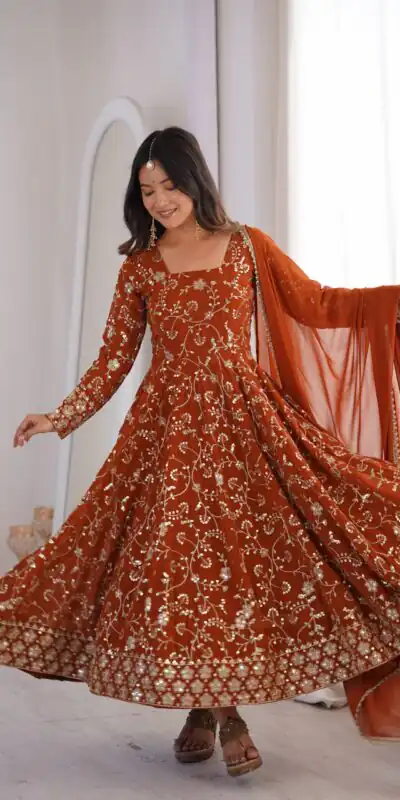 ZF 5024 Rust Fox Perfect for Wedding, Party, Durga Puja, Diwali, Anniversary –Georgette Gown. Now at just ₹2399. Delivery 4-6 Working Days. Shop now. | Bollywood Gowns, Creative Gowns, Designer Gowns, Embroidered Gowns, Gowns, Party Wear Gowns