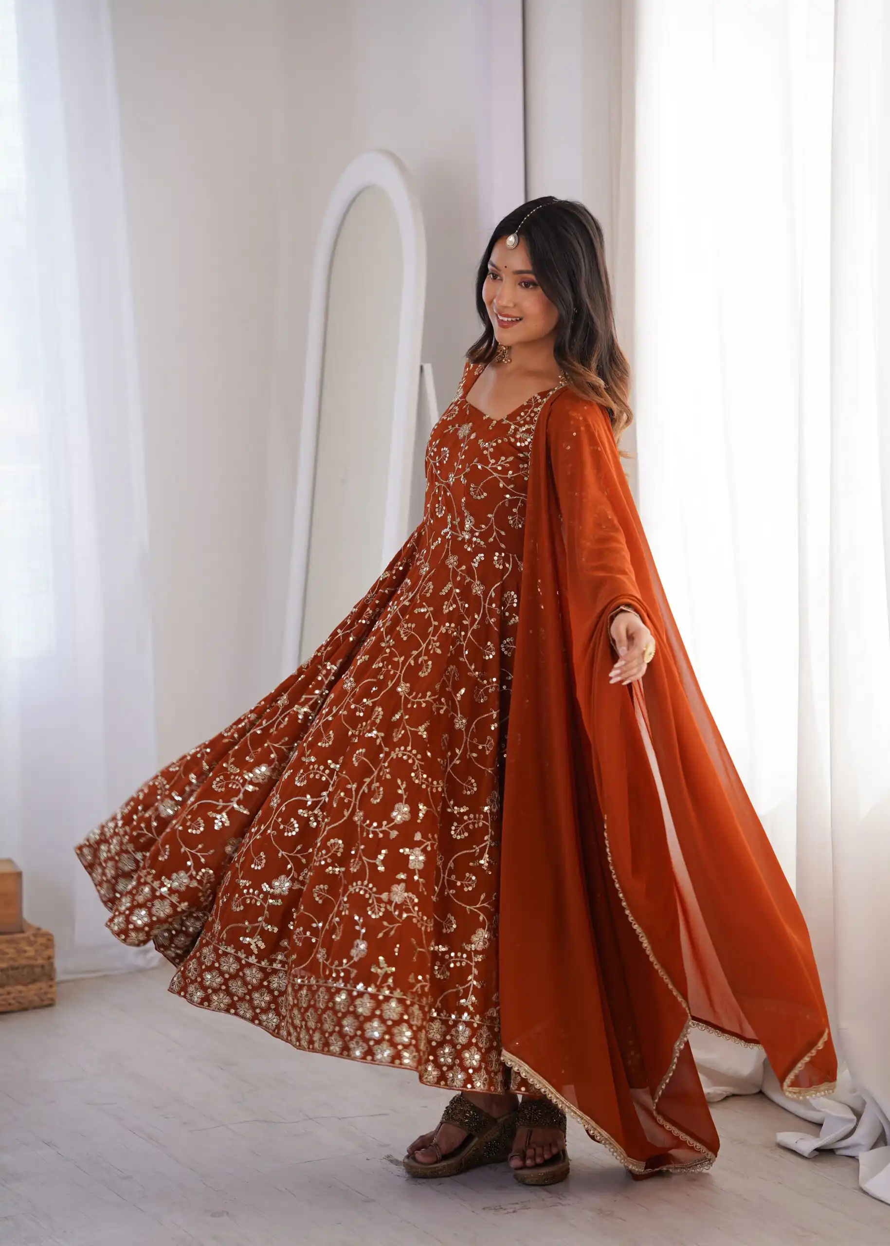 ZF 5024 Rust Fox Perfect for Wedding, Party, Durga Puja, Diwali, Anniversary –Georgette Gown. Now at just ₹2399. Delivery 4-6 Working Days. Shop now. | Bollywood Gowns, Creative Gowns, Designer Gowns, Embroidered Gowns, Gowns, Party Wear Gowns