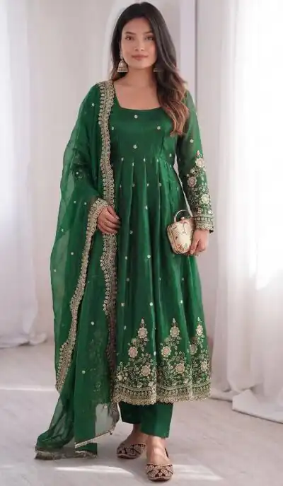 ZB 5073 Green Fendy Silk Gown Perfect for Wedding, Party, Baisakhi, Traditional Day, Makar Sankranti – Introductory Price ₹2049. Delivery 4-6 Working Days. | Bollywood Gowns, Creative Gowns, Designer Gowns, Embroidered Gowns, Gowns, Party Wear Gowns