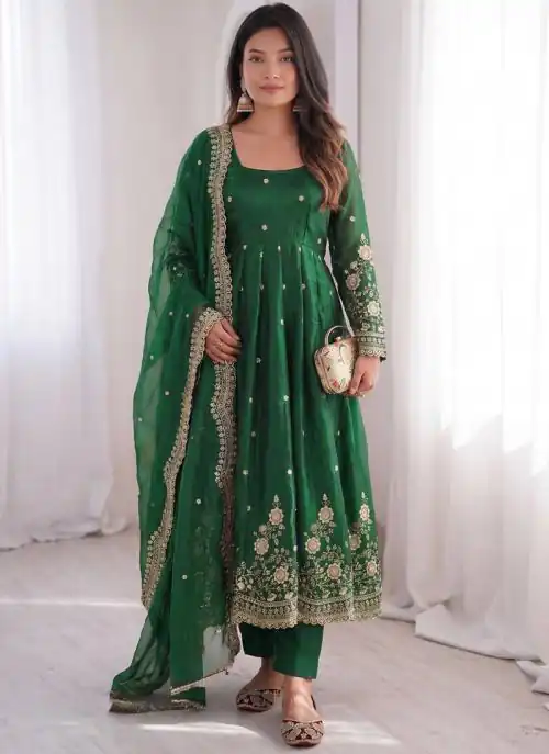 ZB 5073 Green Fendy Silk Gown Perfect for Wedding, Party, Baisakhi, Traditional Day, Makar Sankranti – Introductory Price ₹2049. Delivery 4-6 Working Days. | Bollywood Gowns, Creative Gowns, Designer Gowns, Embroidered Gowns, Gowns, Party Wear Gowns