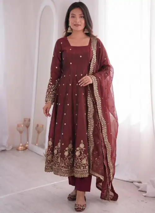 ZB 5073 Maroon Fendy Silk Gown Perfect for Wedding, Party, Baisakhi, Traditional Day, Makar Sankranti – Introductory Price ₹2049. Delivery 4-6 Working Days. | Bollywood Gowns, Creative Gowns, Designer Gowns, Embroidered Gowns, Gowns, Party Wear Gowns