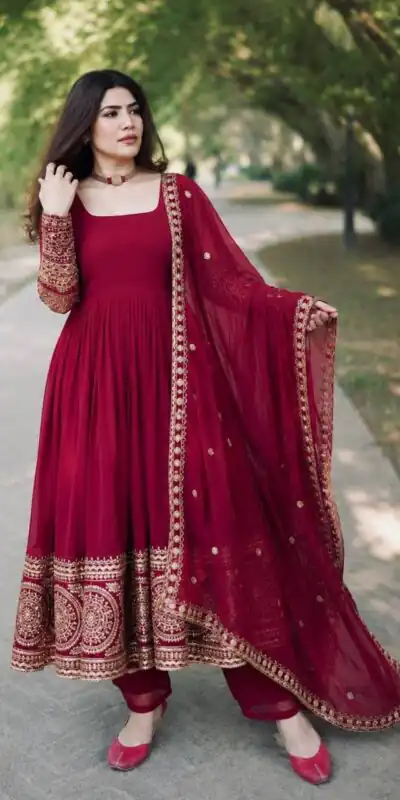 ZC 8020 Maroon | Fox Georgette Gown with Sequins Work & Embroidery Work. Introductory Price ₹2099. Delivery 4-6 Working Days. Shop now. | Bollywood Gowns, Creative Gowns, Designer Gowns, Embroidered Gowns, Gowns, Party Wear Gowns