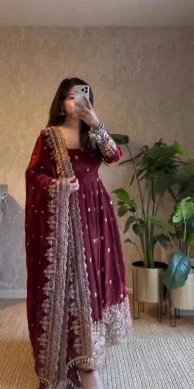 JF 033 Maroon in Maroon Georgette Sequins Work & Embroidery Work Gown . Introductory Price ₹2099. Delivery 4-6 Working Days. Shop now. | Bollywood Gowns, Creative Gowns, Designer Gowns, Embroidered Gowns, Gowns, Party Wear Gowns