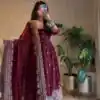 JF 033 Maroon in Maroon Georgette Sequins Work & Embroidery Work Gown . Introductory Price ₹2099. Delivery 4-6 Working Days. Shop now. | Bollywood Gowns, Creative Gowns, Designer Gowns, Embroidered Gowns, Gowns, Party Wear Gowns