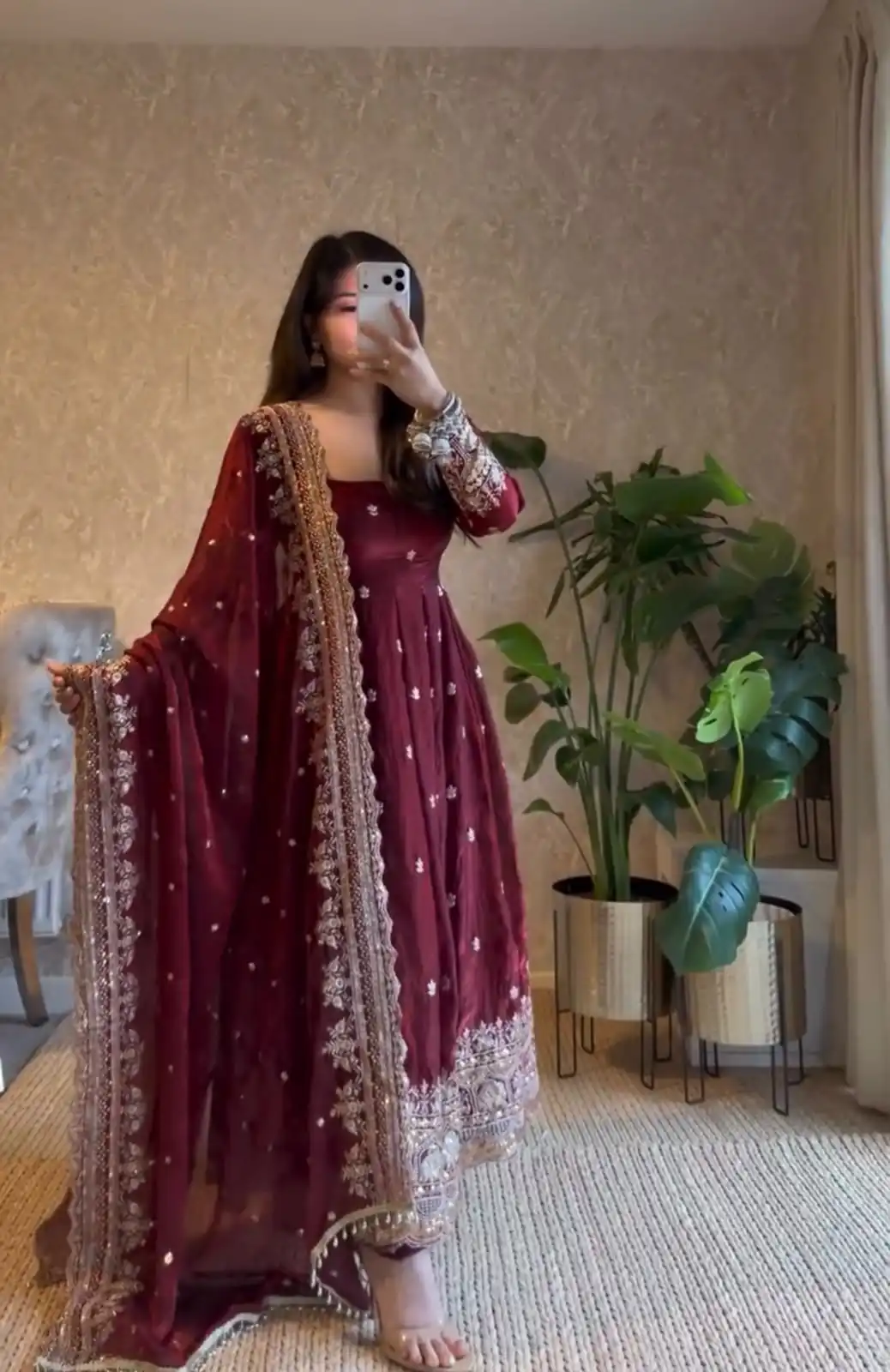 JF 033 Maroon in Maroon Georgette Sequins Work & Embroidery Work Gown . Introductory Price ₹2099. Delivery 4-6 Working Days. Shop now. | Bollywood Gowns, Creative Gowns, Designer Gowns, Embroidered Gowns, Gowns, Party Wear Gowns