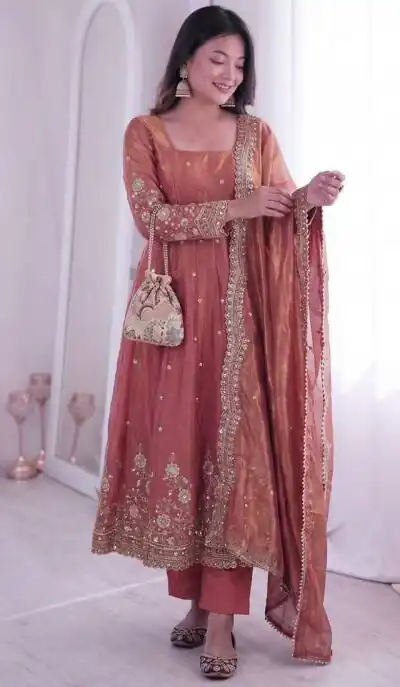 ZB 5073 Peach Fendy Silk Gown Perfect for Wedding, Party, Baisakhi, Traditional Day, Makar Sankranti – Introductory Price ₹2049. Delivery 4-6 Working Days. | Bollywood Gowns, Creative Gowns, Designer Gowns, Embroidered Gowns, Gowns, Party Wear Gowns