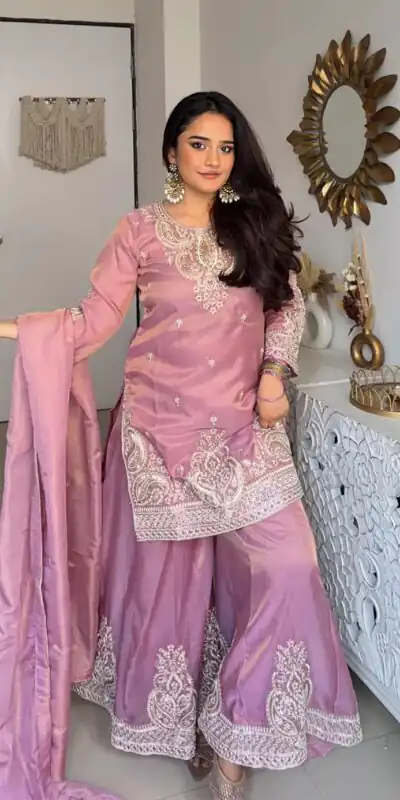 DB 43 Pink Fendy Silk Salwar Suit with Mirror Work & Embroidery Work. Best Price ₹20149. Delivery 4-6 Working Days. Shop now. | Jump Suits, Straight Suits, Casual Suits, Creative suits, Designer Suits, Palazzo Suits, Party Wear Suits, Patiala Suits, Salwar suit