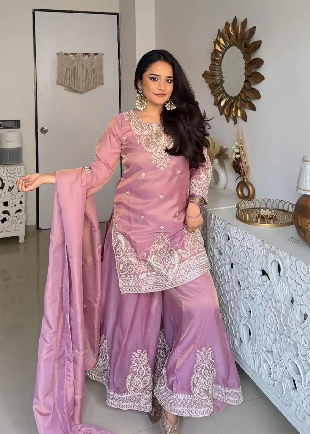 DB 43 Pink Fendy Silk Salwar Suit with Mirror Work & Embroidery Work. Best Price ₹20149. Delivery 4-6 Working Days. Shop now. | Jump Suits, Straight Suits, Casual Suits, Creative suits, Designer Suits, Palazzo Suits, Party Wear Suits, Patiala Suits, Salwar suit