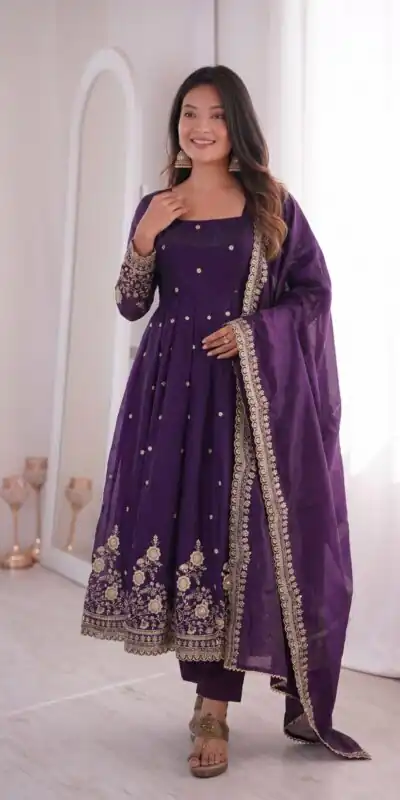 ZB 5073 Purple Fendy Silk Gown Perfect for Wedding, Party, Baisakhi, Traditional Day, Makar Sankranti – Introductory Price ₹2049. Delivery 4-6 Working Days. | Bollywood Gowns, Creative Gowns, Designer Gowns, Embroidered Gowns, Gowns, Party Wear Gowns